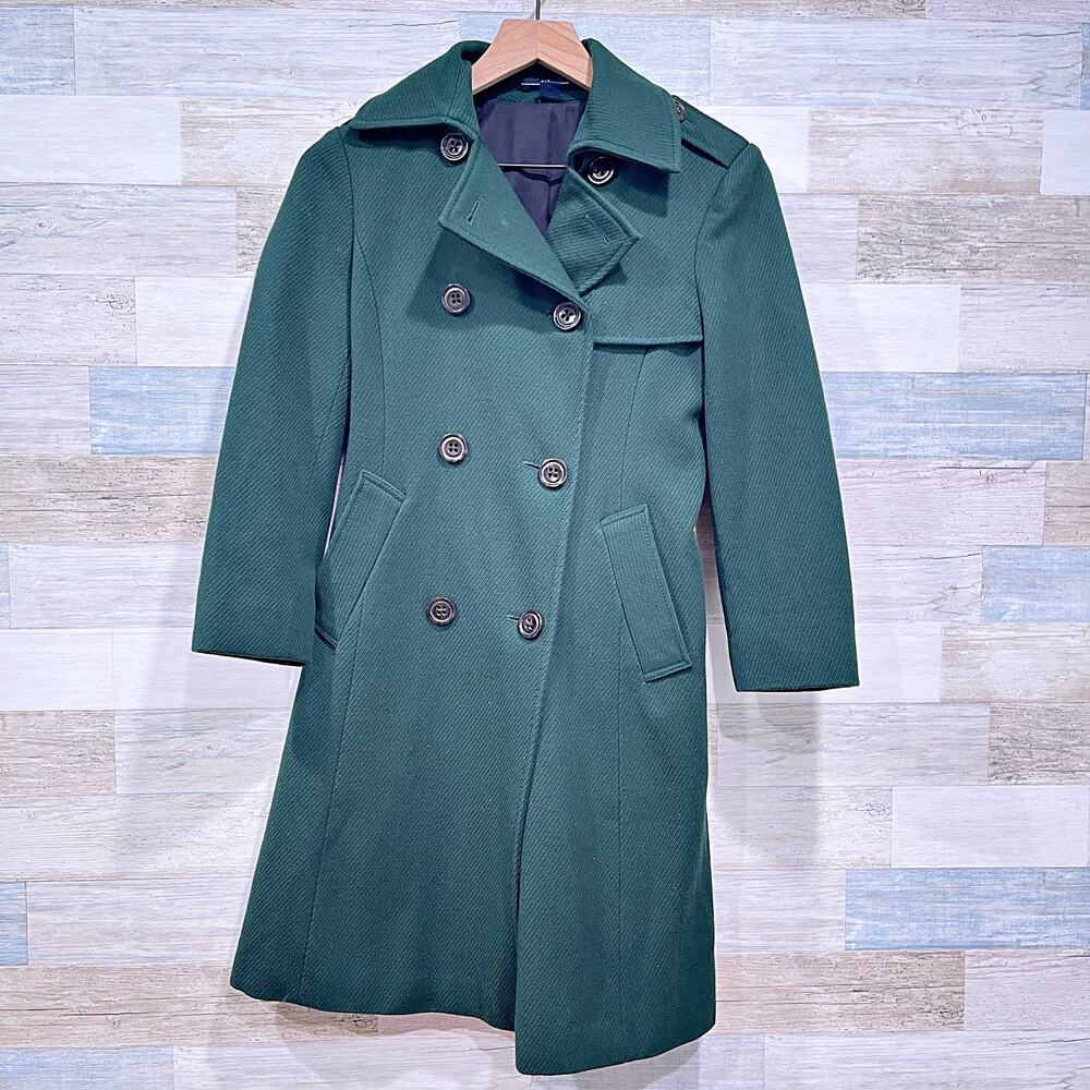 GAP Wool Flannel Double Breasted Trench Coat Green Belted Lined Womens XS